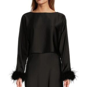 Antonio Melani Blyss Drapey Satin Boat Neck Long Sleeve Feather Cuff Blouse